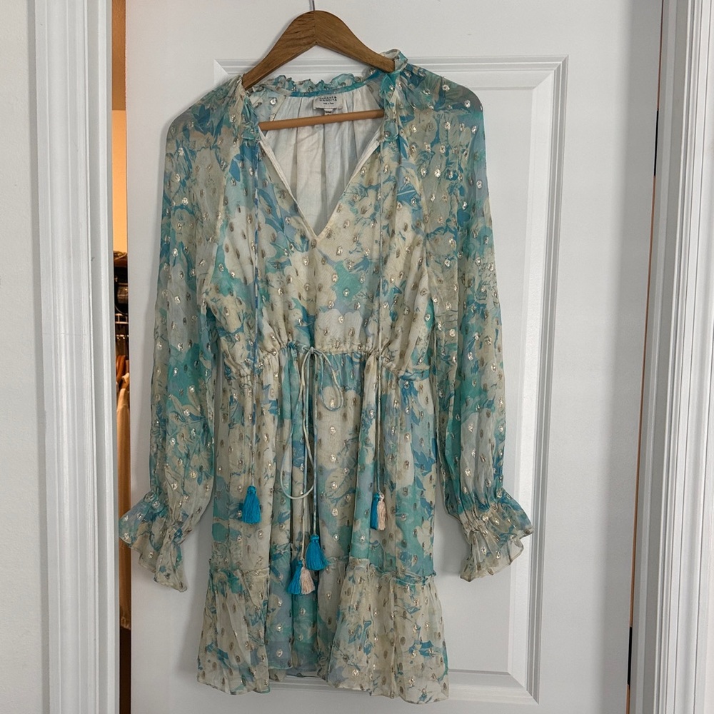 Hemant and nandita Boho Floral Tie-Waist Dress in Teal and Cream